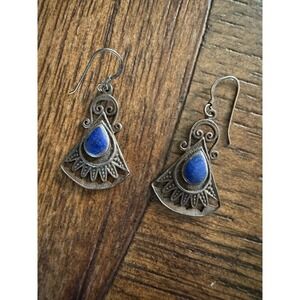 Vintage Lapis Filigree Drop Silver French Hook Earrings 925 Sterling Stamped